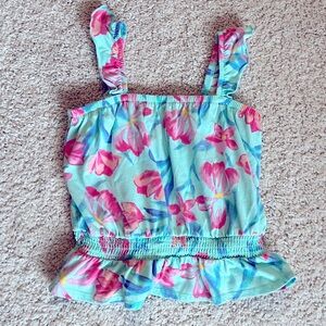 Aqua blue floral ruffled OshKosh B’gosh tank top, size 7/7A